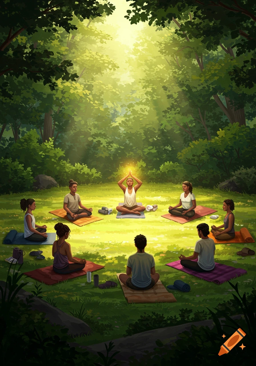 A diverse group of people meditating in a sun-dappled forest glade on yoga mats, with one person radiating light.