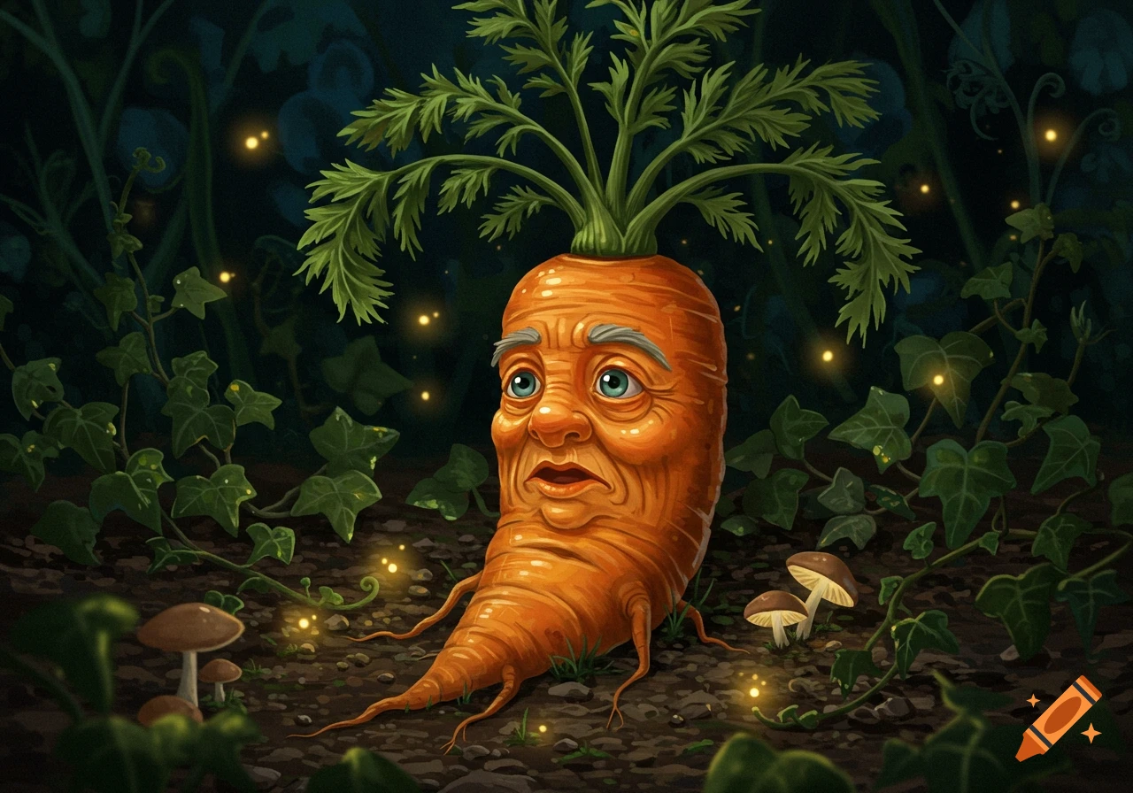 An anthropomorphic carrot with a wise, wrinkled human face and green leaves, surrounded by glowing fireflies and mushrooms in a dark forest.