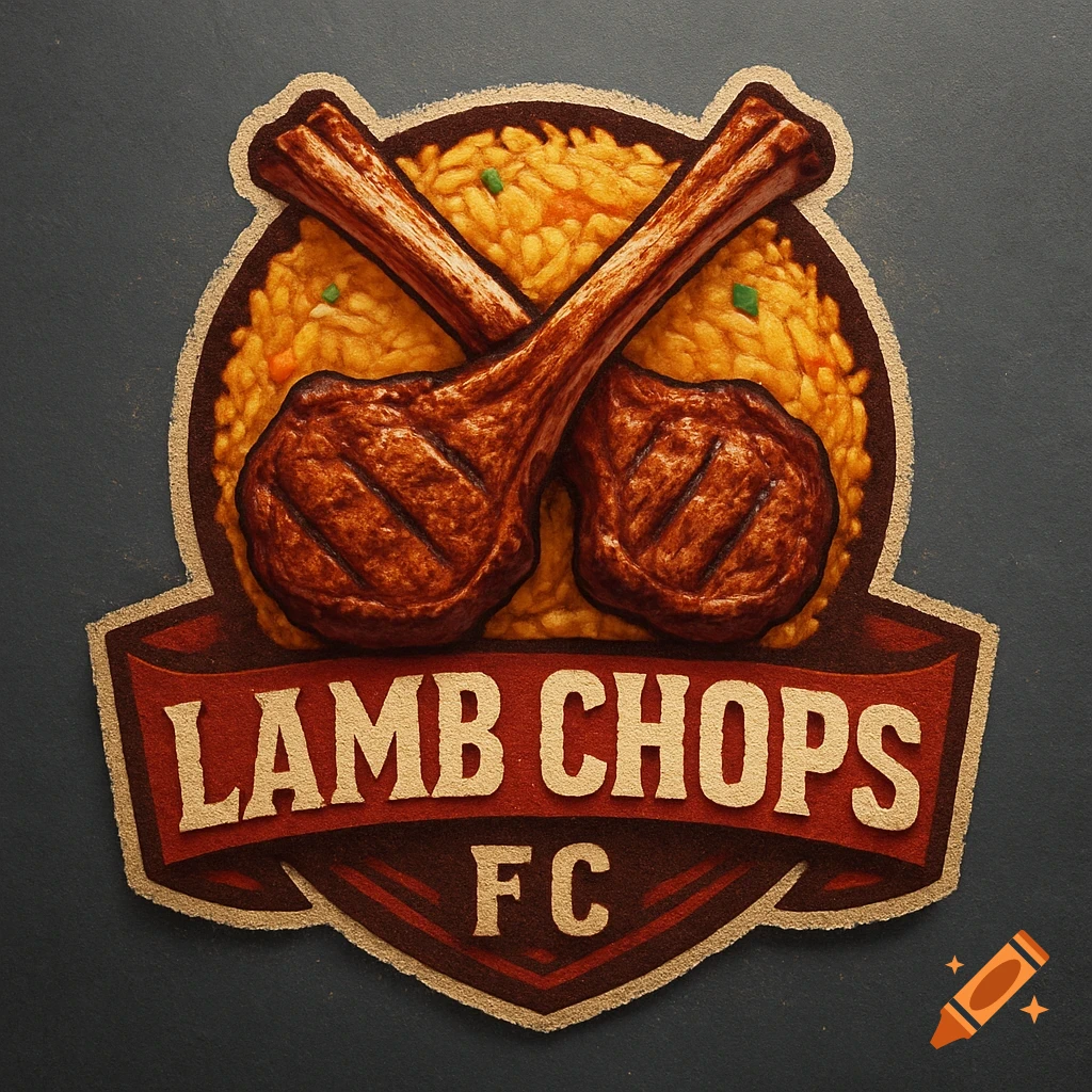A stylized football logo features two grilled lamb chops crossed over a pile of golden fried rice, with a banner below reading "LAMB CHOPS FC".