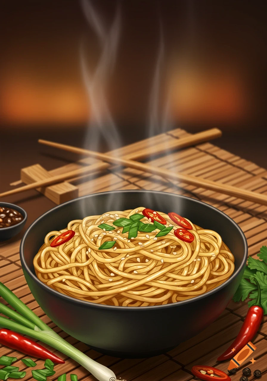 A steaming bowl of noodles garnished with red chilies, green onions, and sesame seeds, with chopsticks on a bamboo mat.