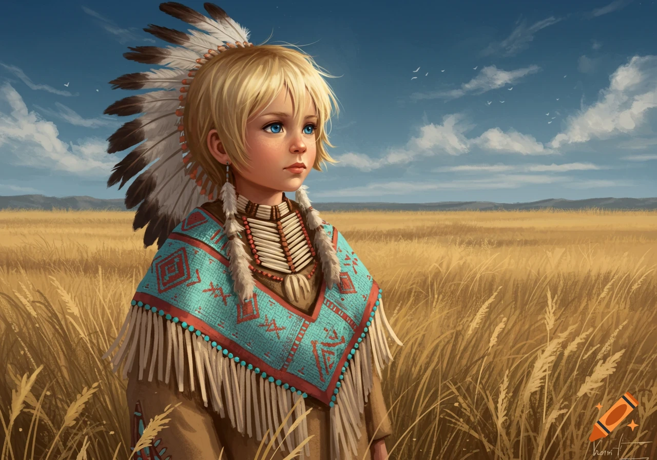 Digital painting of a blonde child wearing a feather headdress and beaded poncho, looking out over a golden field under a blue sky.