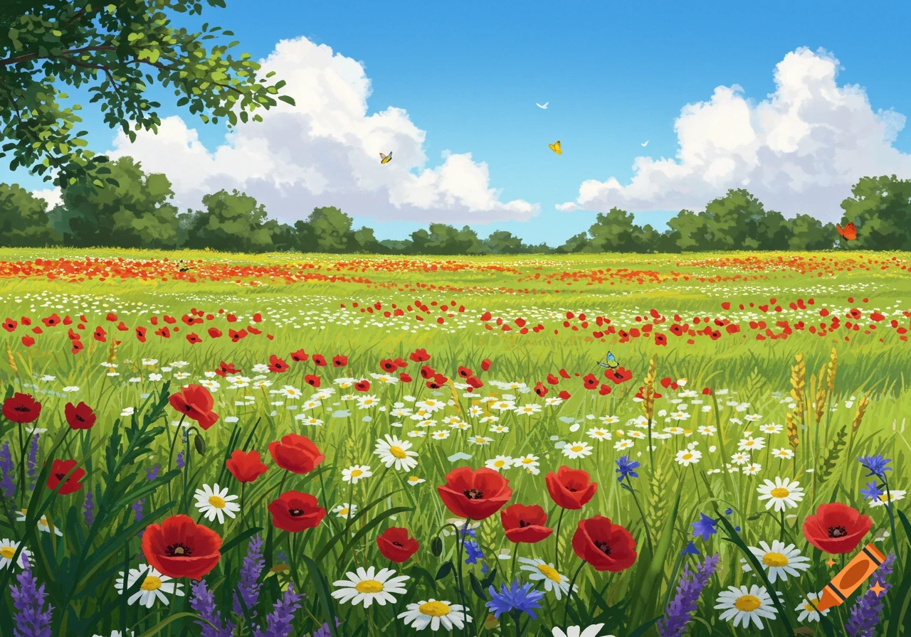 Vibrant cartoon-style meadow with red poppies, white daisies, and purple flowers under a blue sky, butterflies flutter.