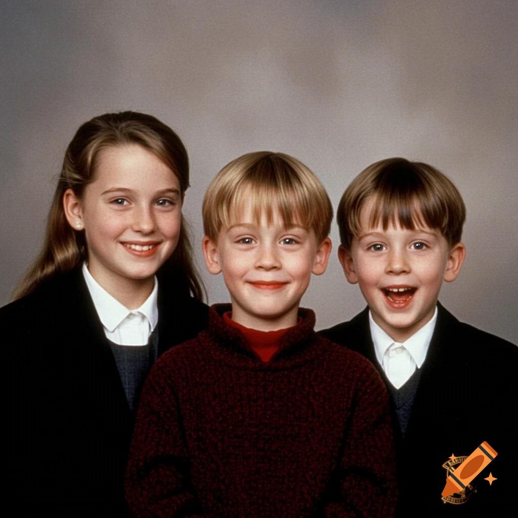 Photorealistic studio portrait of three smiling children, a girl and two boys, including Kevin from Home Alone, against a plain background.