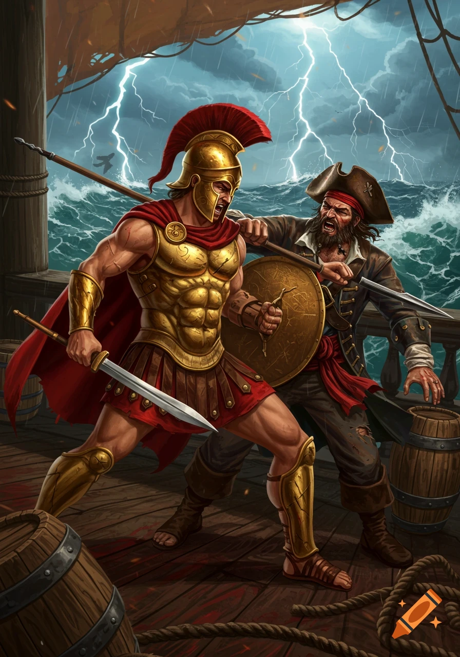 A muscular Trojan warrior in gold armor and a red cape fights a pirate on a stormy ship deck with lightning in the background.