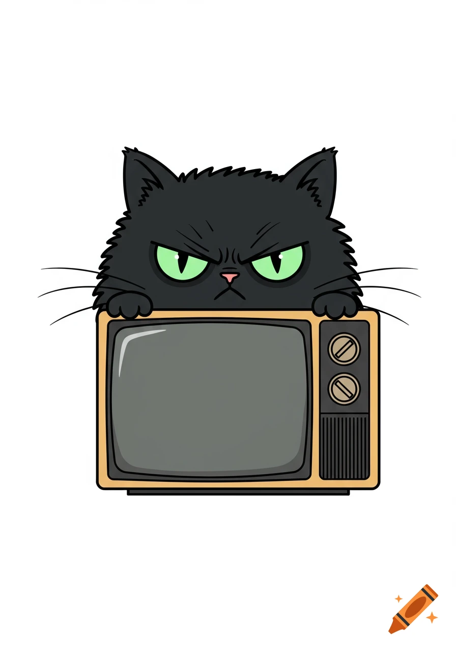 Cartoon grumpy black cat with green eyes peeking over a vintage box TV.