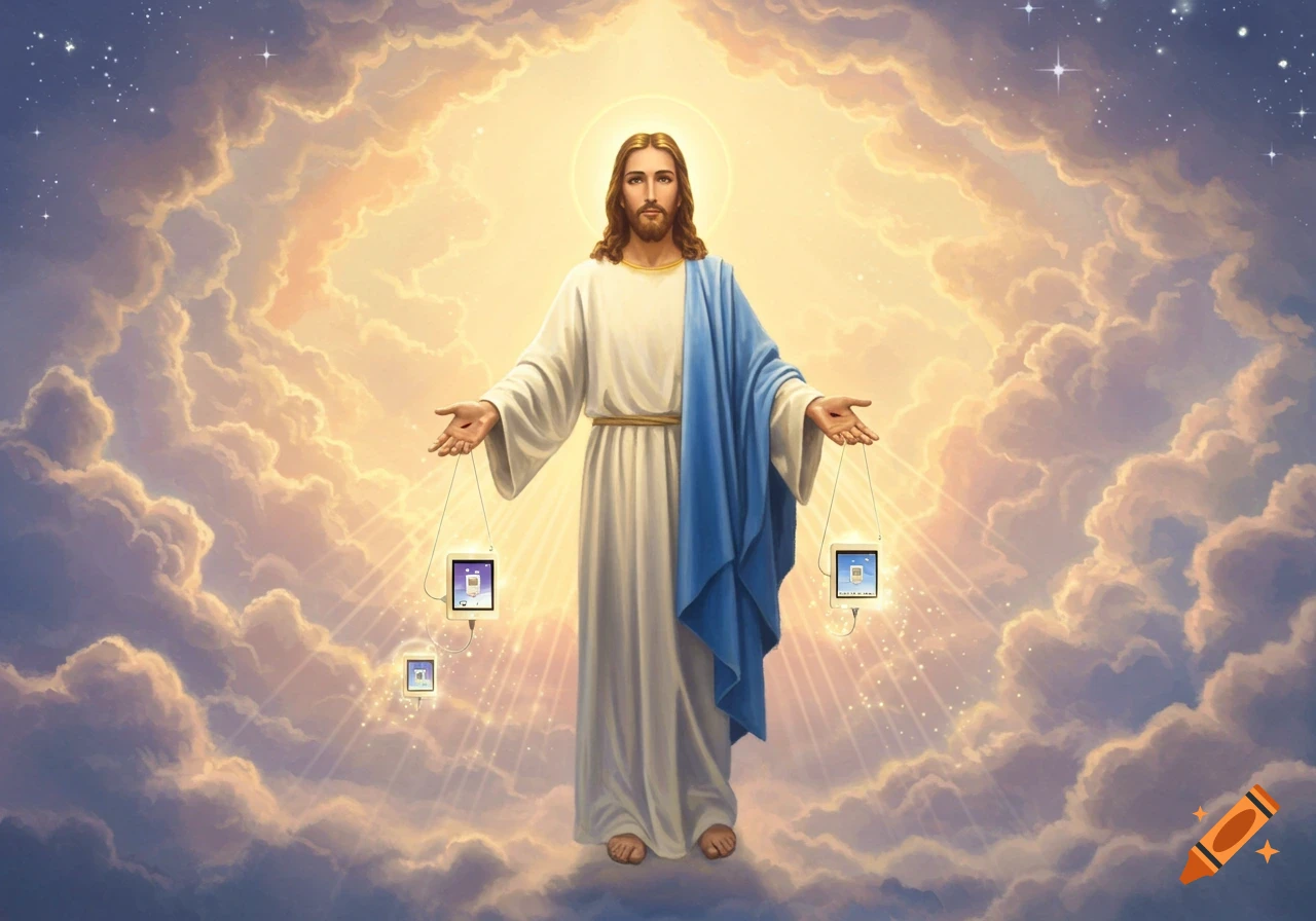 Jesus Christ in a white robe and blue sash stands in the clouds, holding glowing modern electronic devices in each outstretched hand.
