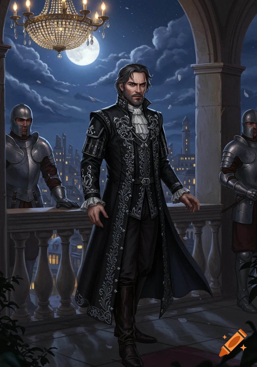 A stern man in a black noble's coat stands on a balcony with armored guards, a full moon and city lights at night, digital painting.