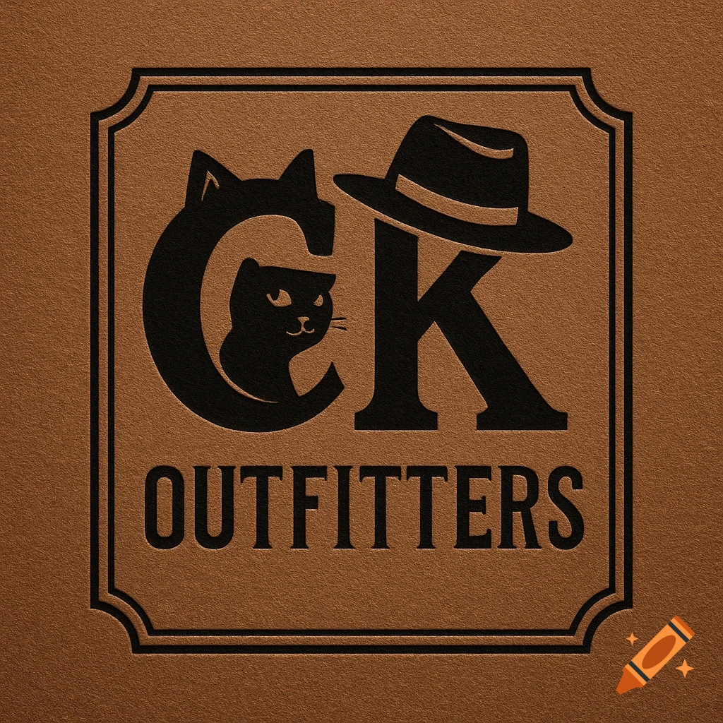A bronze embossed logo for CK Outfitters, featuring a black silhouette of a cat's head within the 'C' and a fedora hat above the 'K' on a textured background.