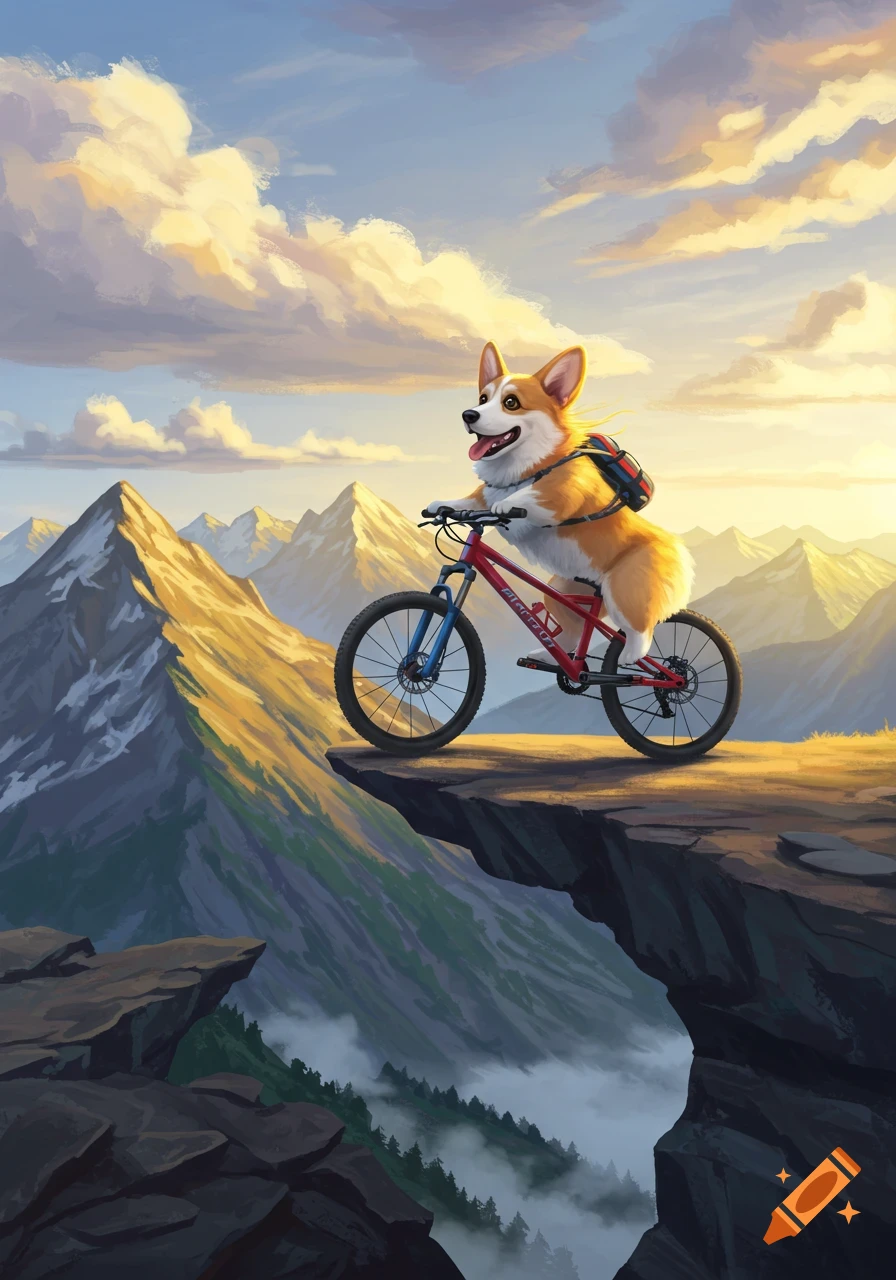 A happy corgi riding a red mountain bike on a cliff edge, overlooking a mountain range at sunset. Digital art.