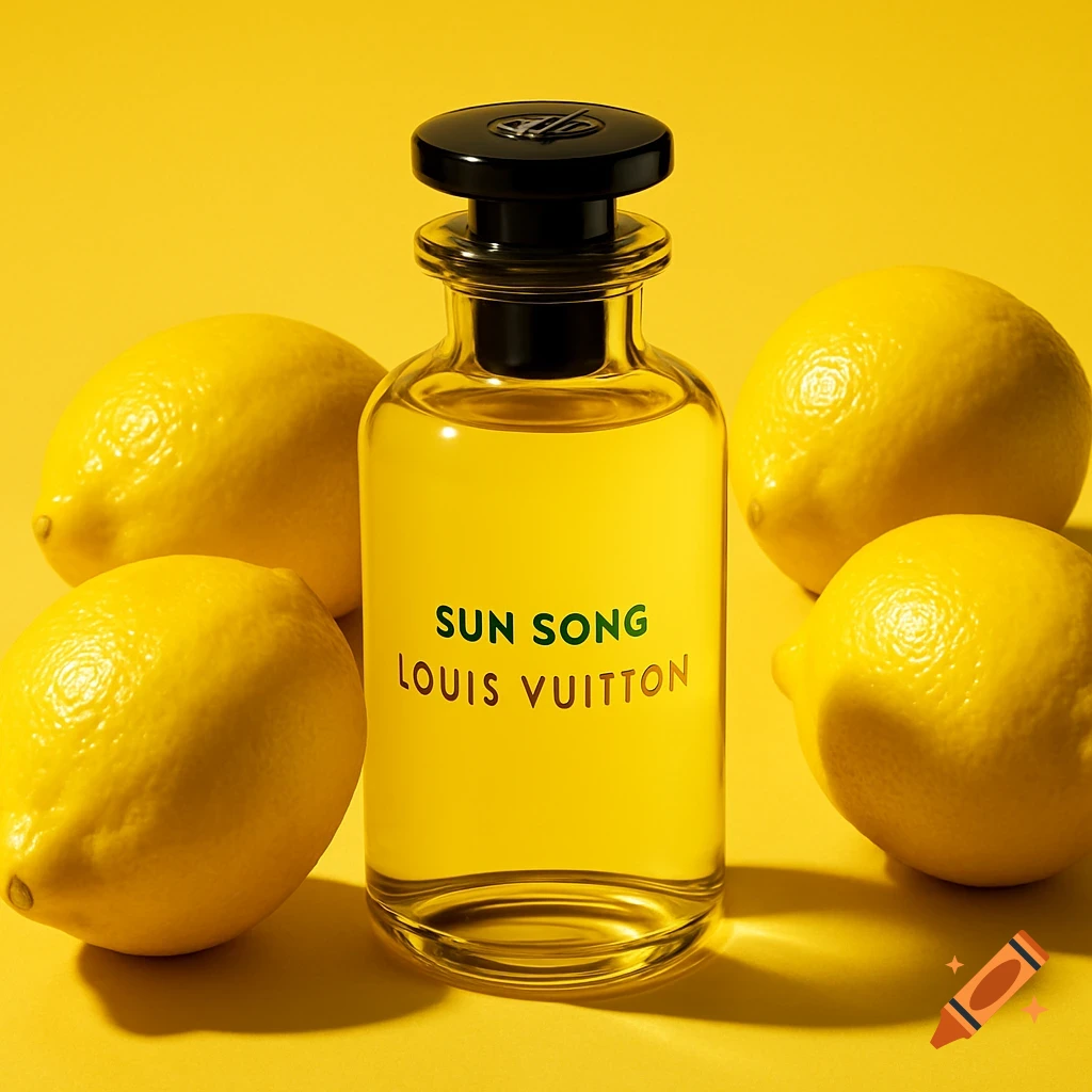 A Louis Vuitton Sun Song perfume bottle with yellow liquid, surrounded by fresh lemons on a vibrant yellow background.