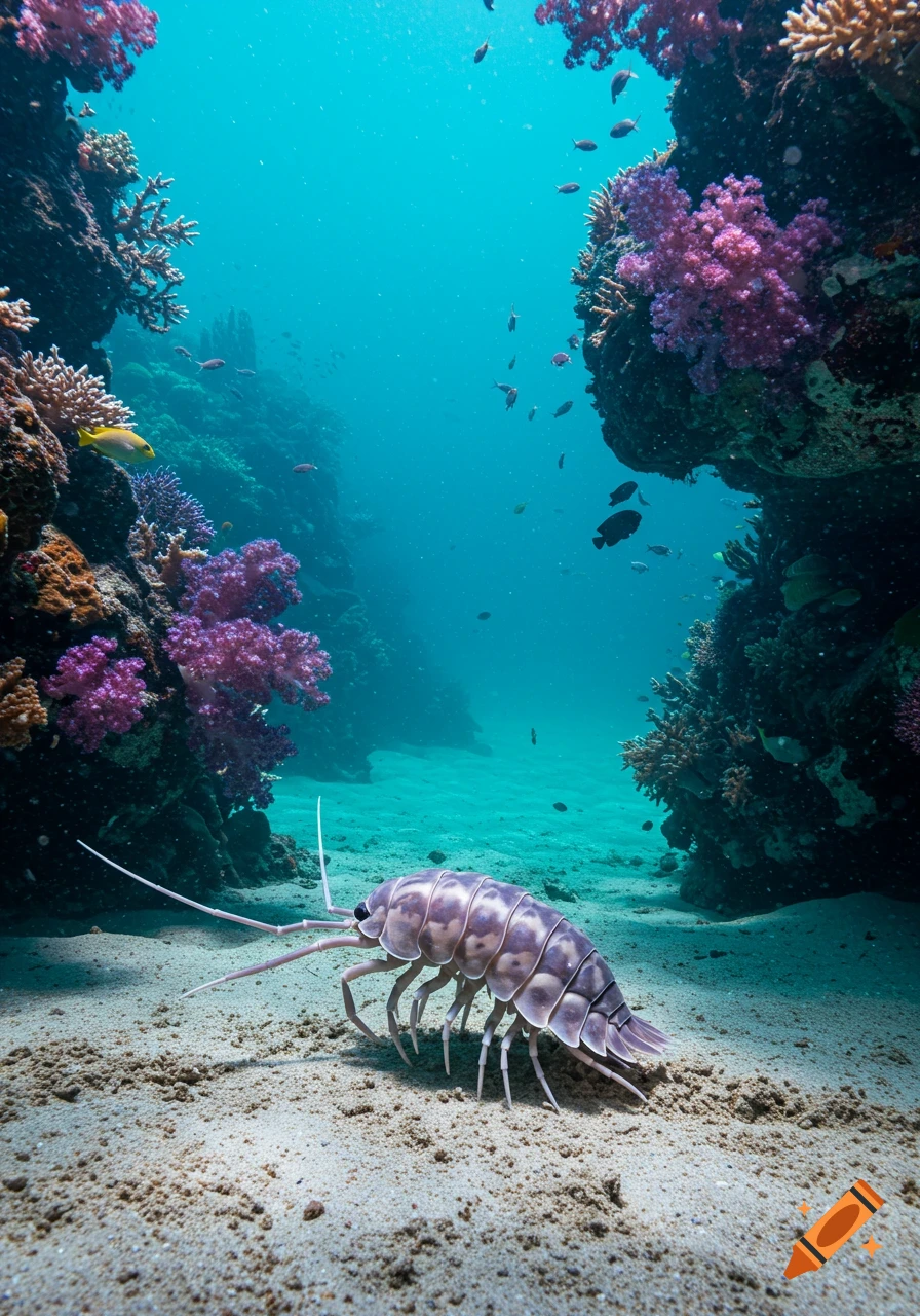 Photorealistic giant underwater isopod on a sandy seabed surrounded by colorful coral reefs and swimming fish.