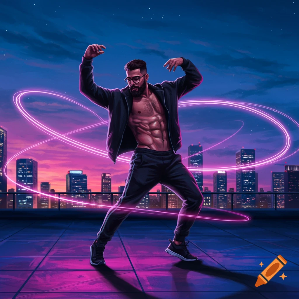 An athletic man with a beard and glasses dances on a city rooftop at sunset, surrounded by pink neon light trails.