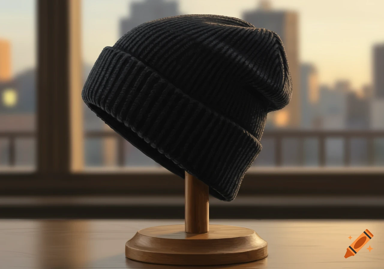 A photorealistic image of a black knit beanie resting on a wooden display stand, with a blurred city background.