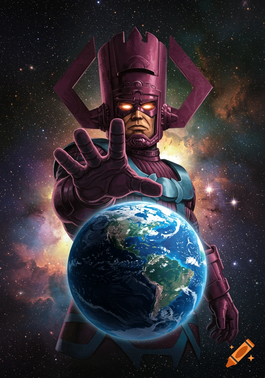 Galactus, a giant purple cosmic being, reaches out his hand towards Earth in a vibrant space background.