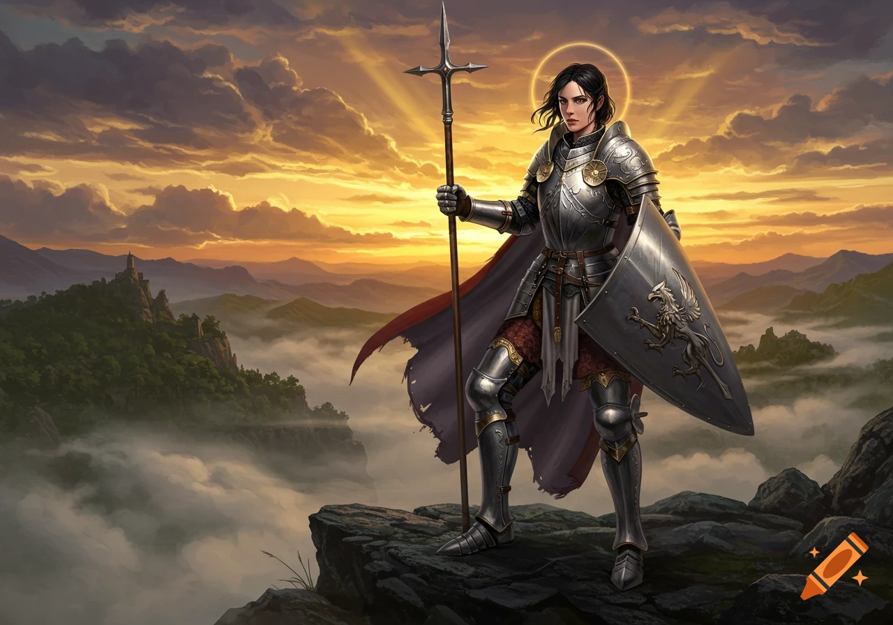 A female knight in shining armor stands on a rocky cliff with a spear and shield, overlooking mountains at sunset. Digital painting.