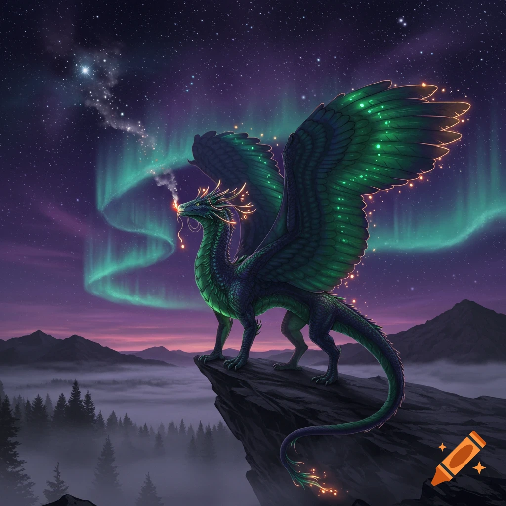 A green dragon with glowing wings stands on a rocky peak, breathing smoke, under a starry night sky with a green aurora over a foggy forest.