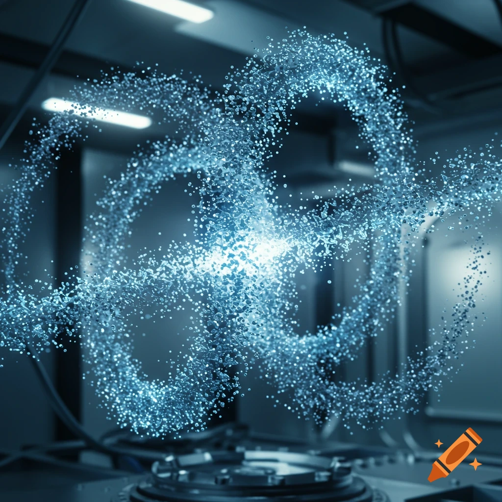 A swirling blue glowing particle cloud forms an abstract structure in a dark, blurred scientific lab setting.