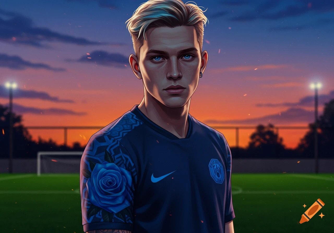 Anime-style illustration of a young man with blond and blue hair, wearing a dark blue soccer jersey with a blue rose tattoo on his arm, standing on a soccer field at sunset.