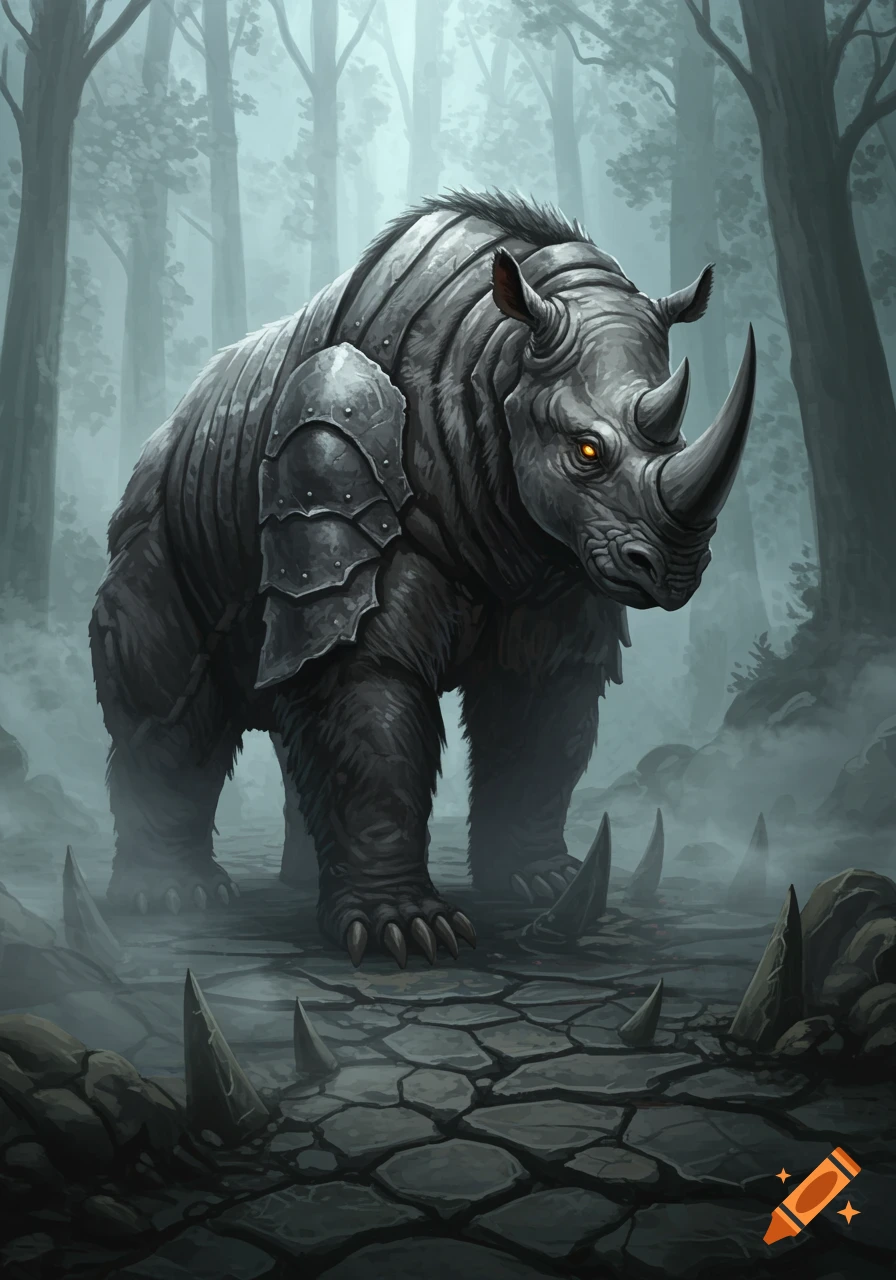 A massive armored rhino-bear creature with glowing eyes stands in a misty ancient forest with cracked earth and stone spikes, in a fantasy art style.