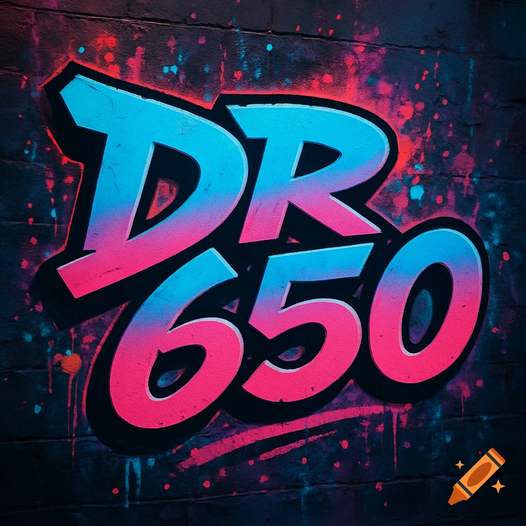 Urban graffiti artwork of 'DR 650' in glowing pink and blue letters on a dark brick wall with paint splatters.