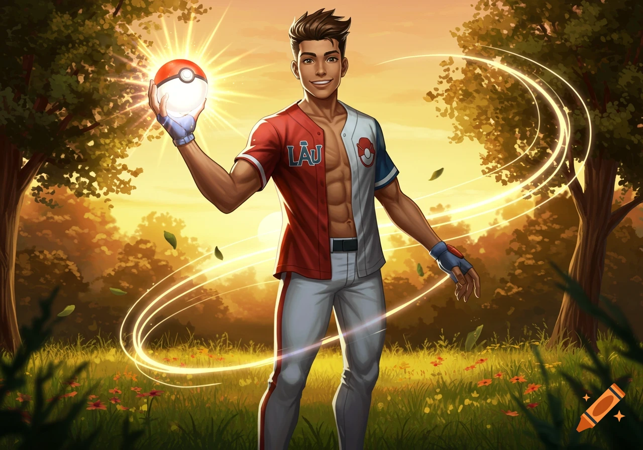 A muscular man in a split red and white baseball jersey, holding a glowing Pokeball, stands in a vibrant field at sunset. Anime style.