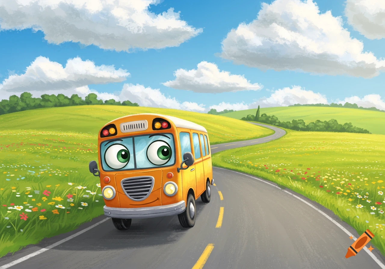 A friendly cartoon bus with big green eyes and a smile drives on a winding road through a bright green, flower-filled countryside under a blue sky.