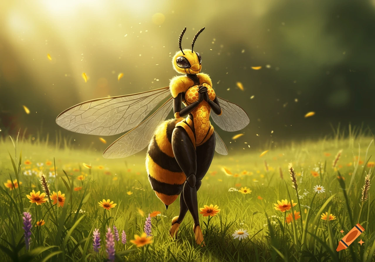 A yellow and black striped humanoid bee stands in a sunny flower field with wildflowers, digital art.