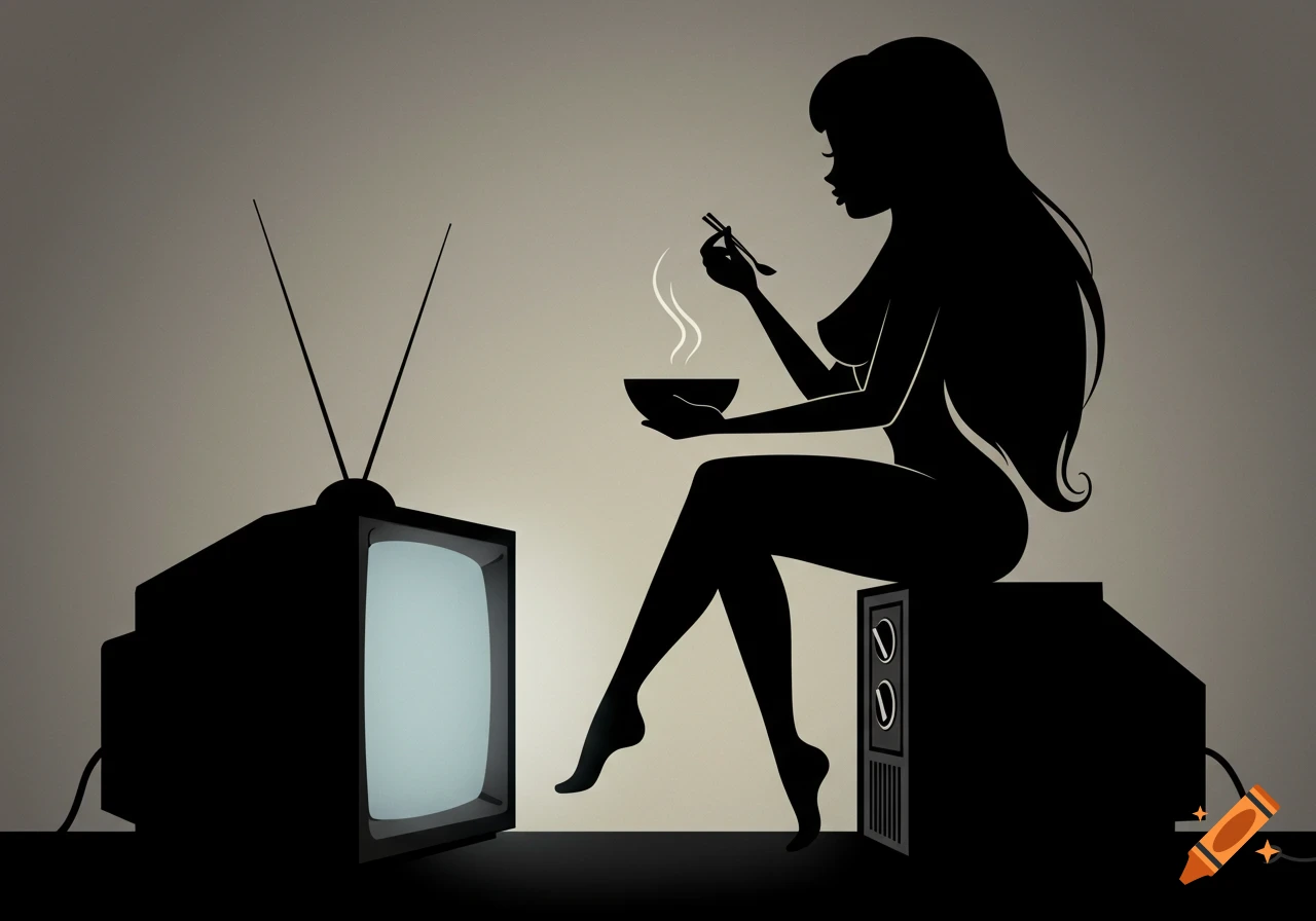A black silhouette illustration of a woman with long hair sitting on an old television, eating from a steaming bowl with chopsticks, next to another old television.