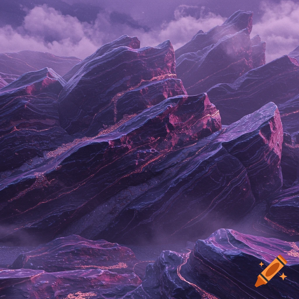 A stylized, ethereal landscape of jagged purple rocks with glowing pink-orange veins under a cloudy purple sky.