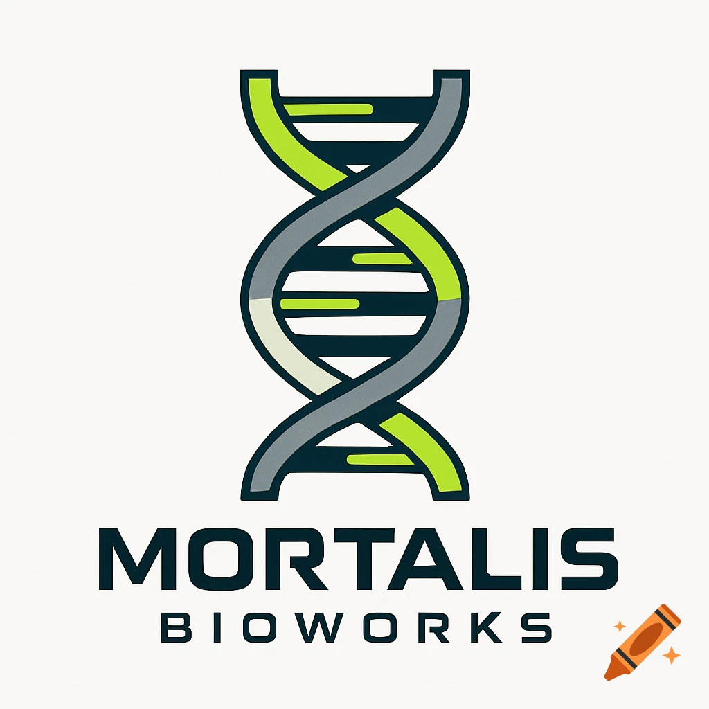 A logo featuring a stylized green and grey DNA double helix above the words MORTALIS BIOWORKS.