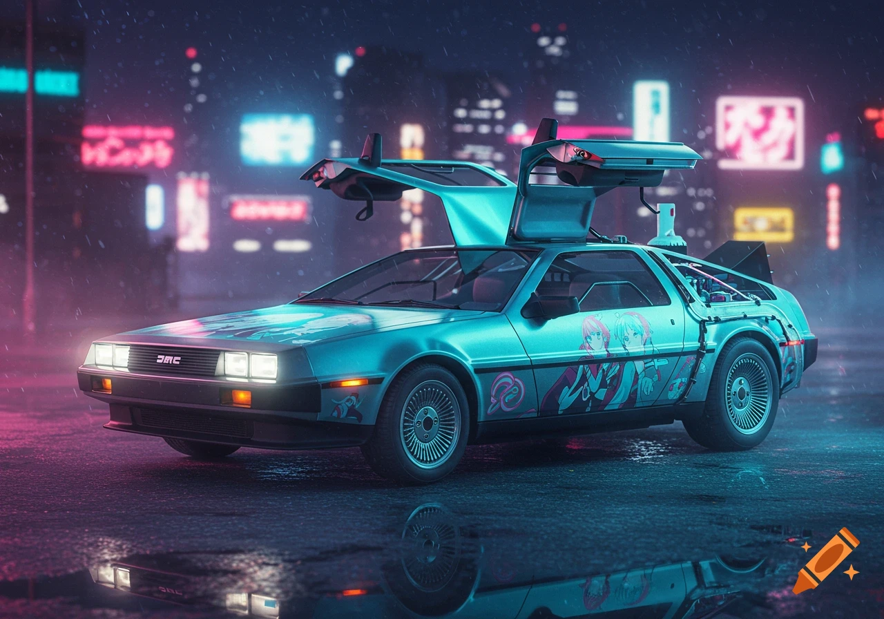 Aquamarine DeLorean with anime-style decals and gull-wing doors open, parked on a wet street at night in a cyberpunk city.
