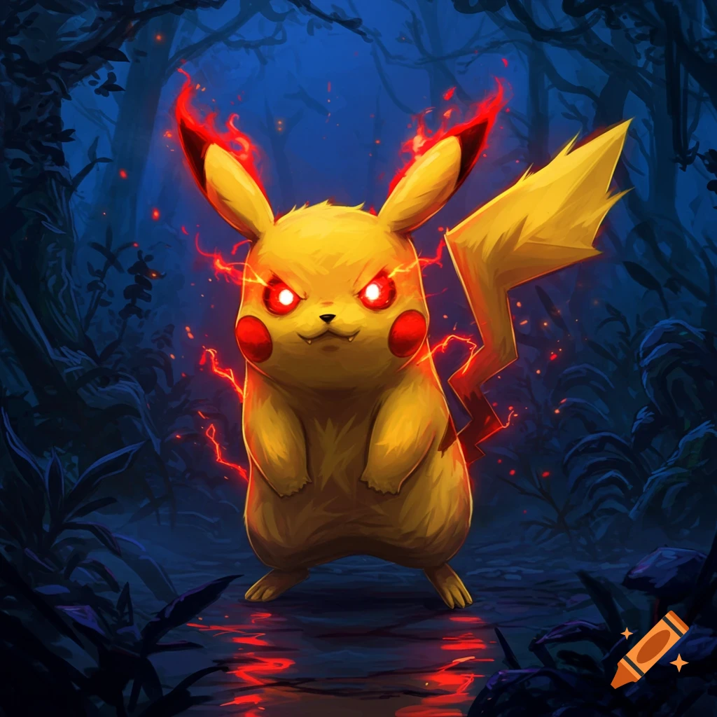 A menacing Pikachu with glowing red eyes and red electrical energy, standing in a dark, stylized forest.