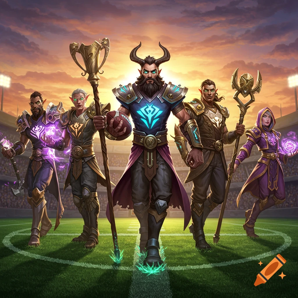 A fantasy football team of five armored characters, including a horned man holding a football and an elf with a trophy, on a stadium field at sunset.