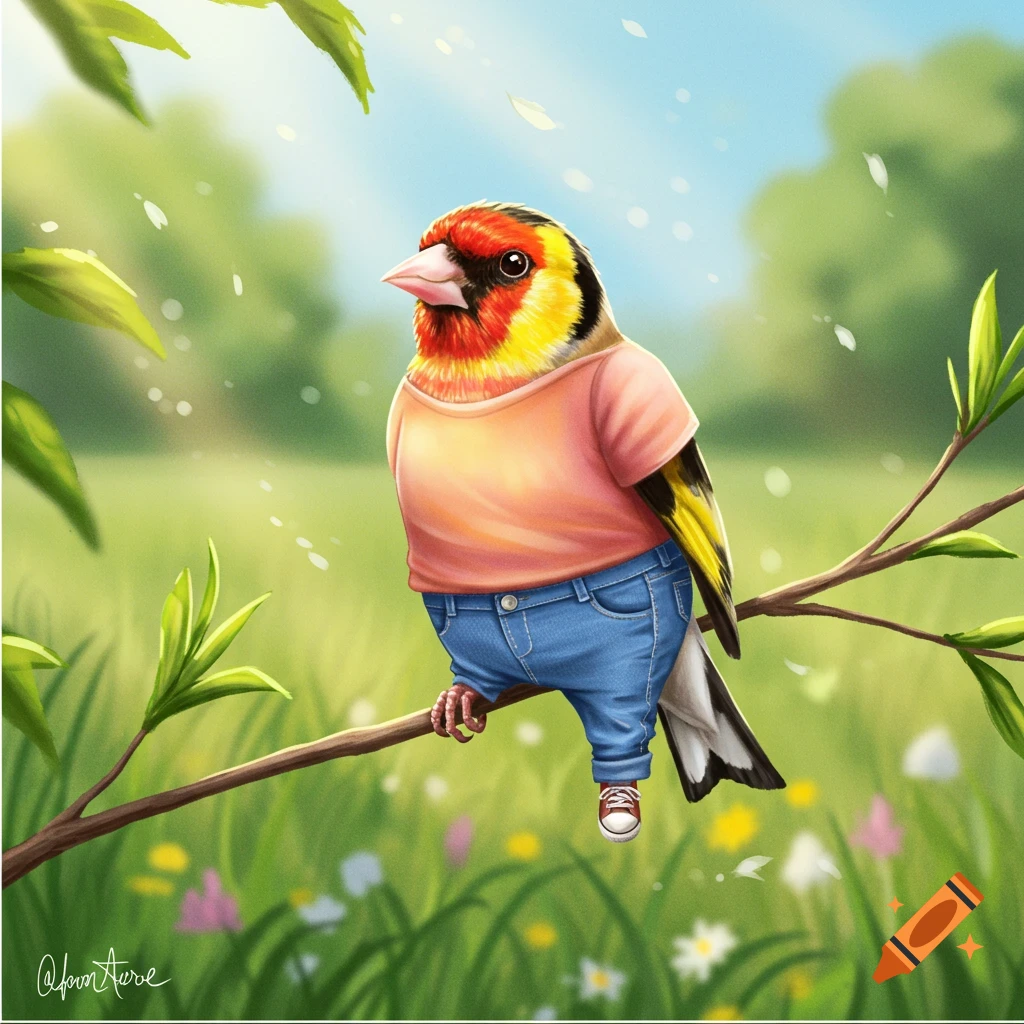 A vibrant cartoon finch in a pink t-shirt and blue jeans with sneakers, sitting on a branch in a sunny park.