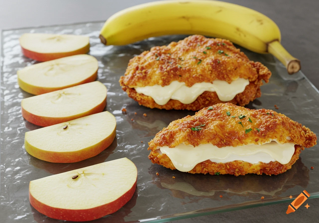 Two pieces of fried chicken with melted cheese, next to sliced red apples and a banana on a glass surface.