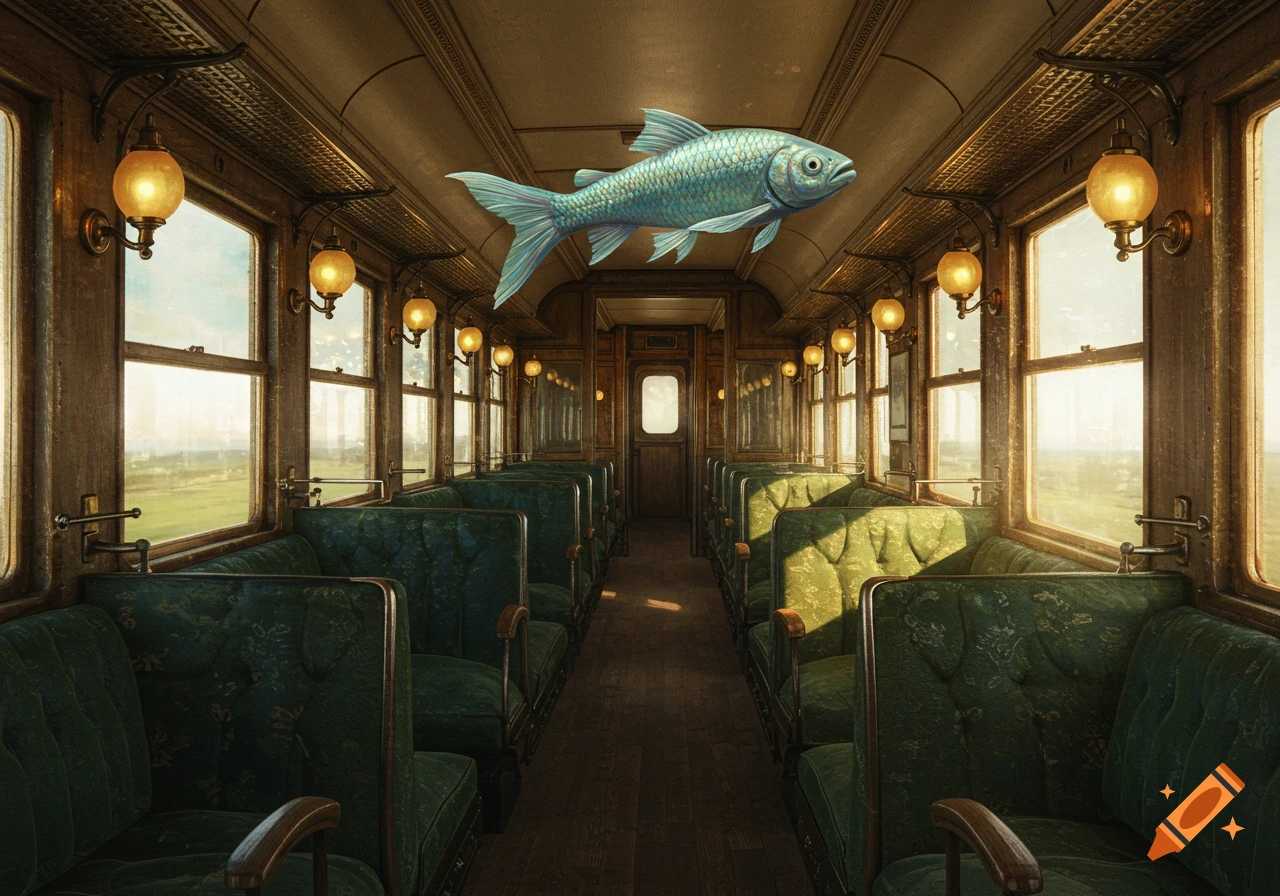A large blue fish floats in a vintage train car with green velvet seats and warm window light.