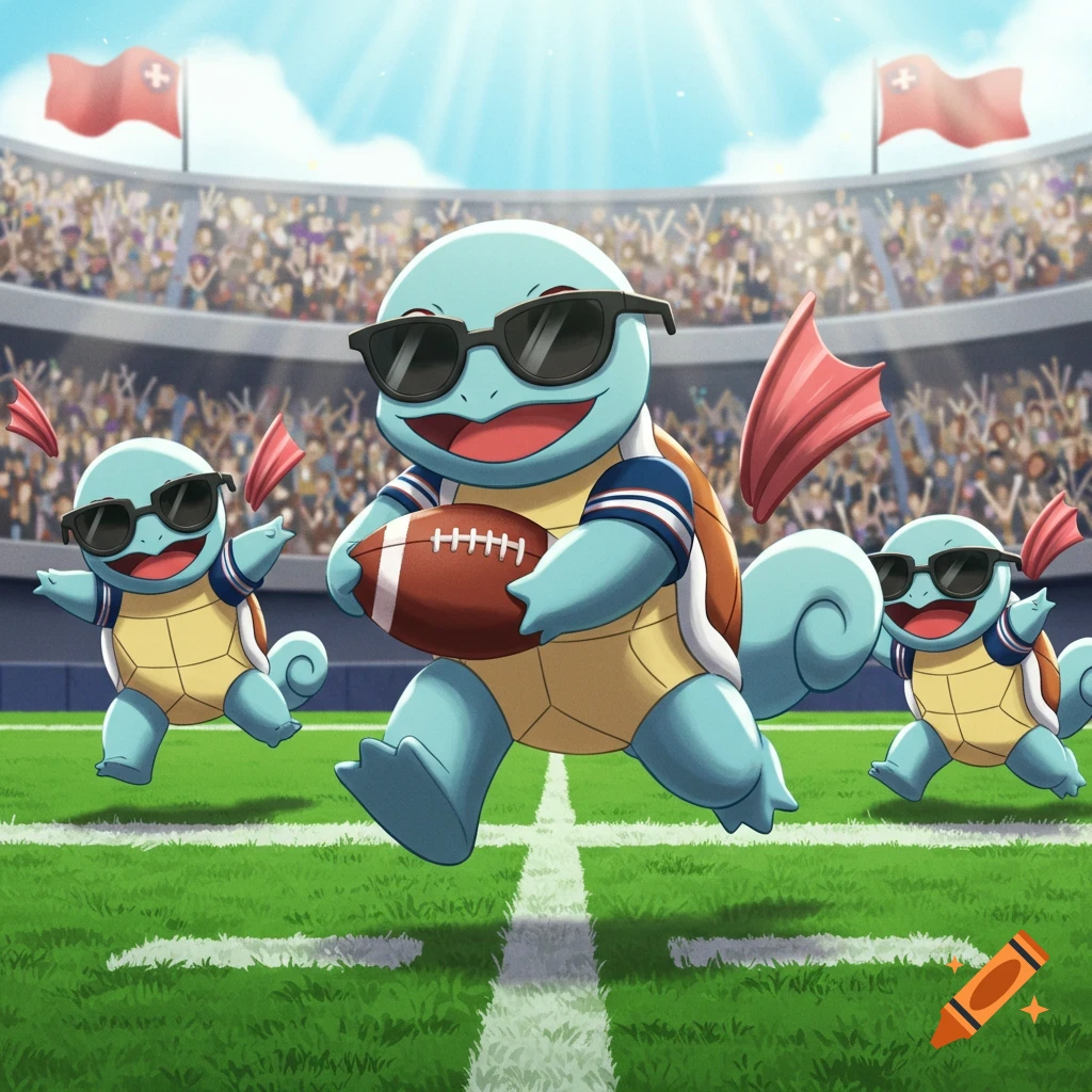 Three cartoon Squirtles in sunglasses playing American football on a green field in a stadium.