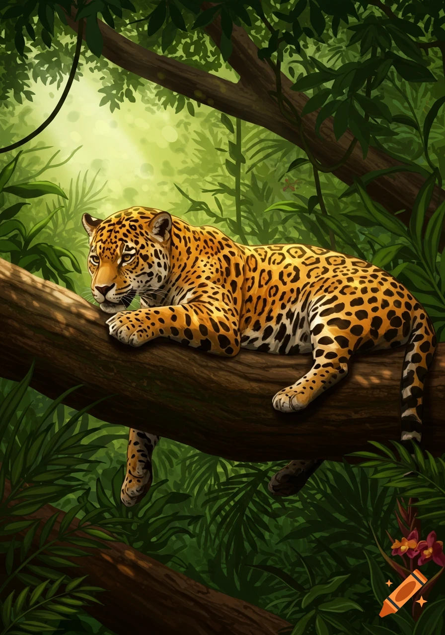 A vibrant illustration of a spotted jaguar lounging on a thick tree branch in a sun-dappled tropical jungle.