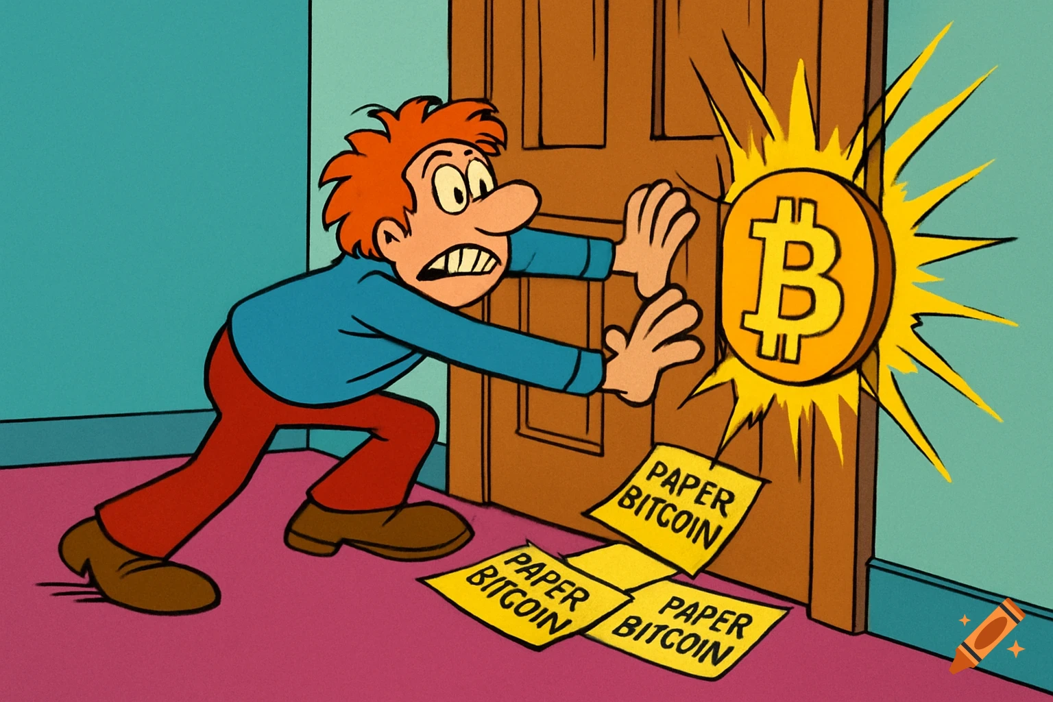 A Schoolhouse Rock-style cartoon character strains to hold a door closed as a glowing Bitcoin logo pushes through, with 'PAPER BITCOIN' notes on the floor.