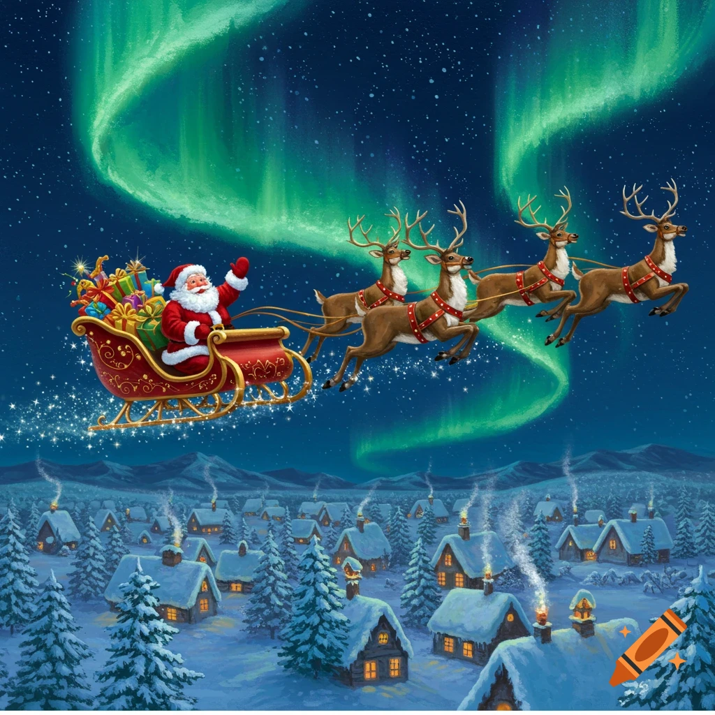 A festive illustration of Santa in his sleigh, pulled by reindeer, flying over a snowy village at night with aurora borealis.