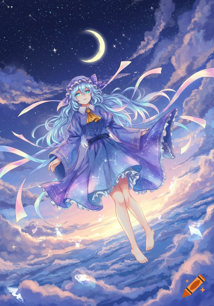 Anime girl with light blue hair and a purple starry dress floats in a cloudy night sky with a crescent moon.