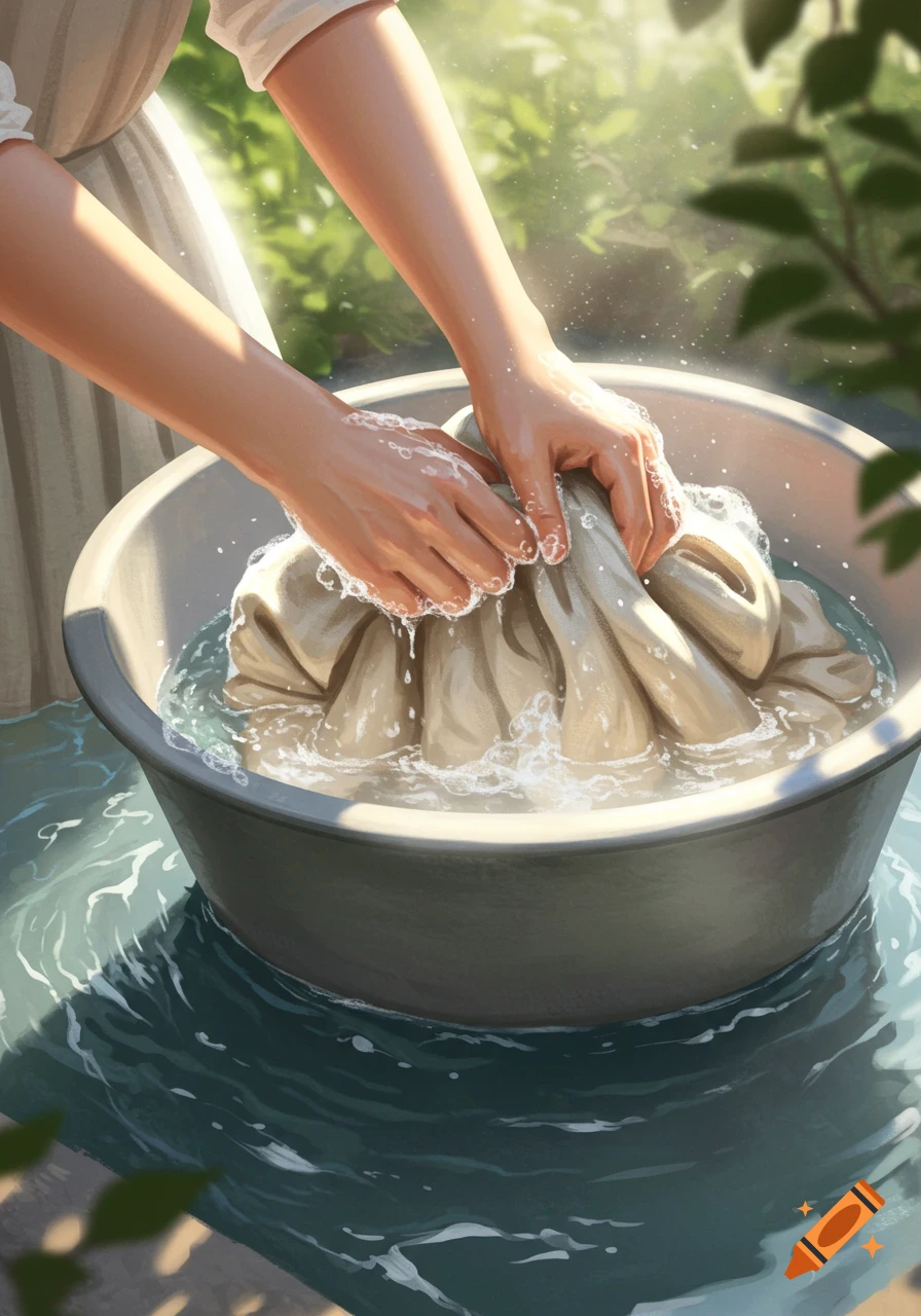 Close-up of hands scrubbing clothes in a basin of soapy water outdoors, with sunlight dappling through leaves.