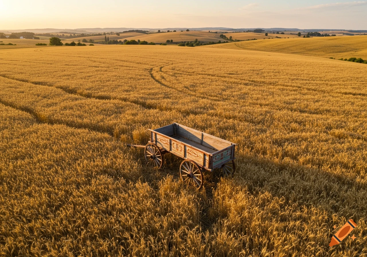 An aerial view of an old wooden wagon with ornate decorations in a golden wheat field at sunset.