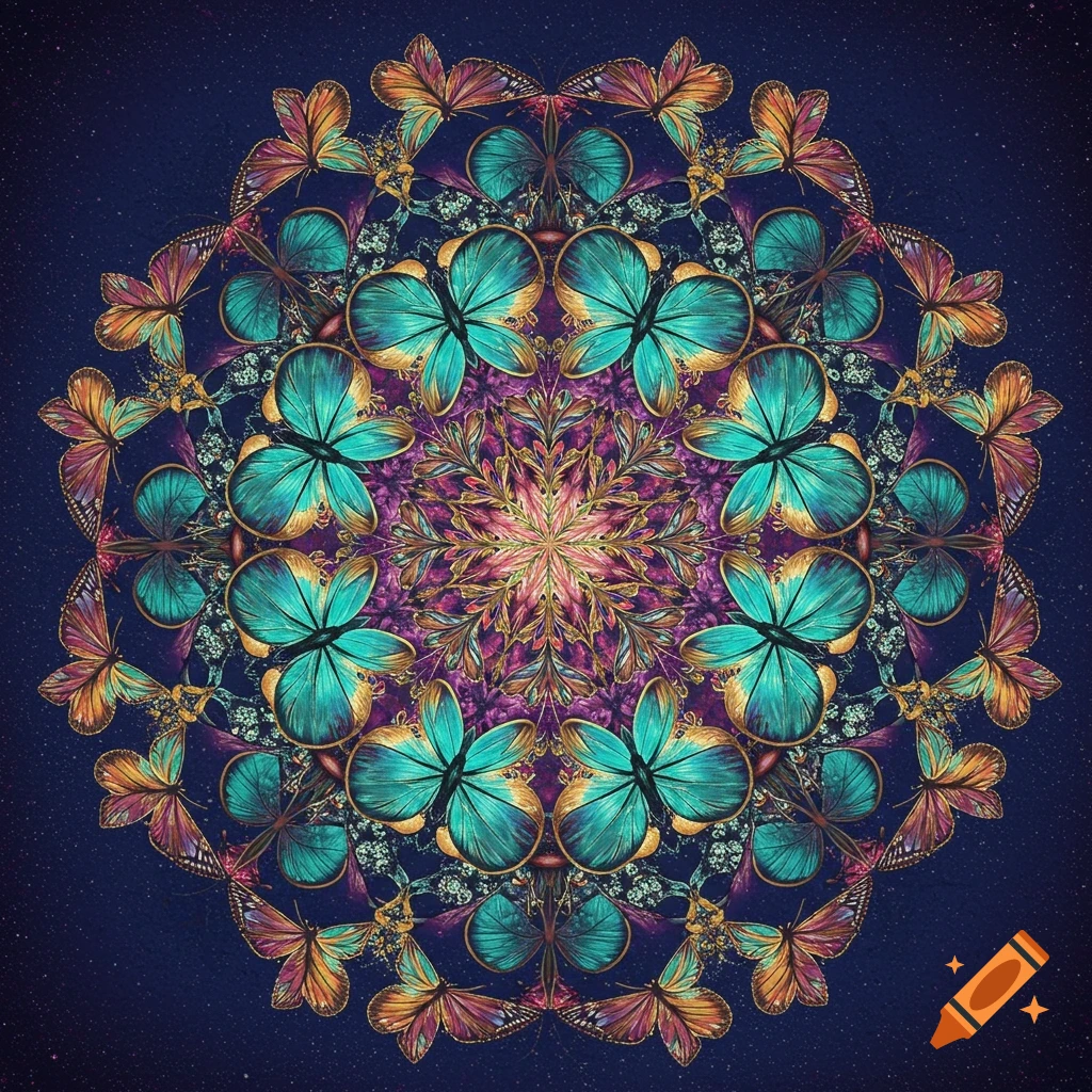 Colorful mandala of teal and gold butterflies with intricate patterns on a dark blue background.