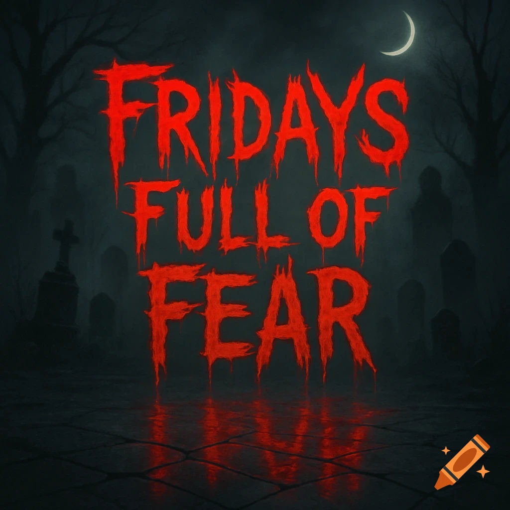 Red dripping text "FRIDAYS FULL OF FEAR" over a dark, foggy cemetery background with a crescent moon.