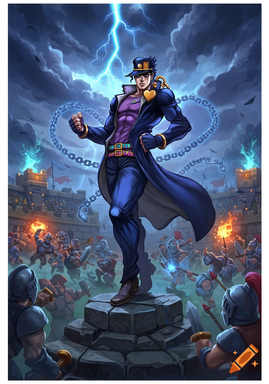 Jotaro Kujo stands heroically on a pedestal in a stormy fantasy arena with lightning, surrounded by battling knights. Anime style.