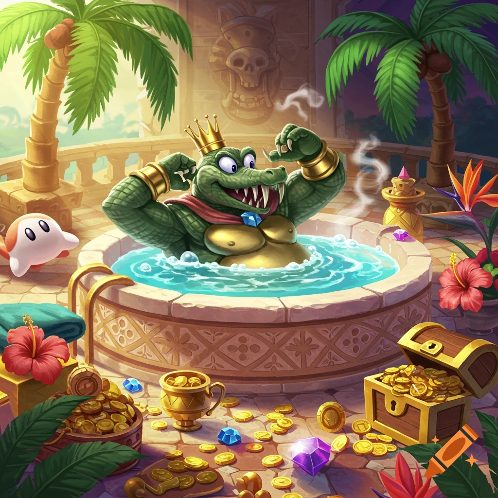 Cartoon King K. Rool in a hot tub, flexing, surrounded by tropical foliage, treasure, and a Kirby-like character.