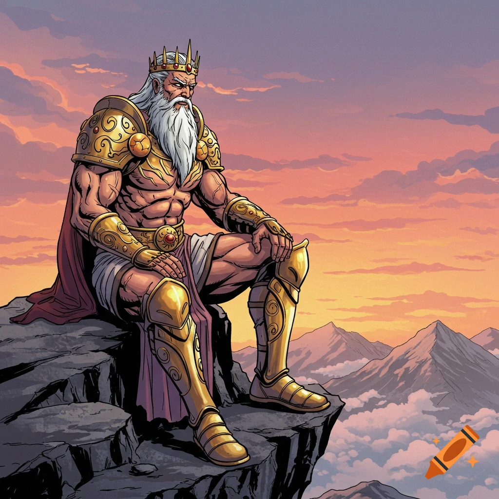 Muscular, white-bearded king in golden armor and crown sits on a mountain cliff, gazing at a sunset, in a comic art style.