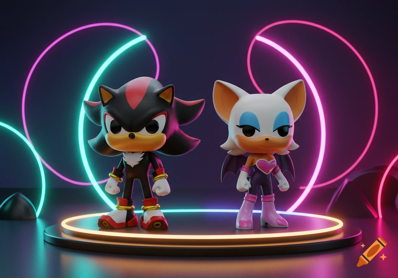 3D render of Funko Pop figures of Shadow the Hedgehog and Rouge the Bat on a glowing platform with neon lights.