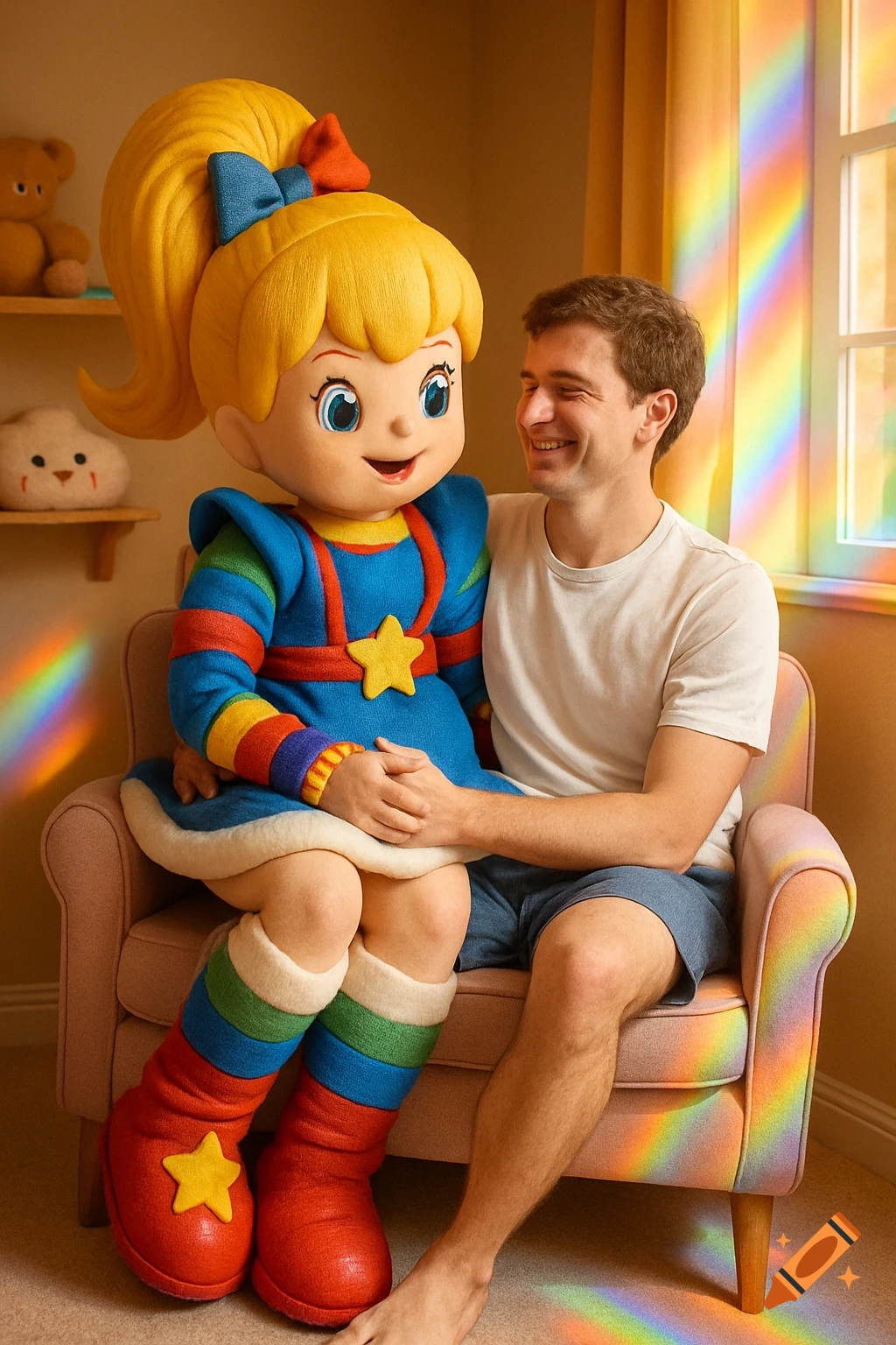 Photorealistic Rainbow Brite mascot holds a smiling man on her lap in a sunlit room with rainbow reflections.